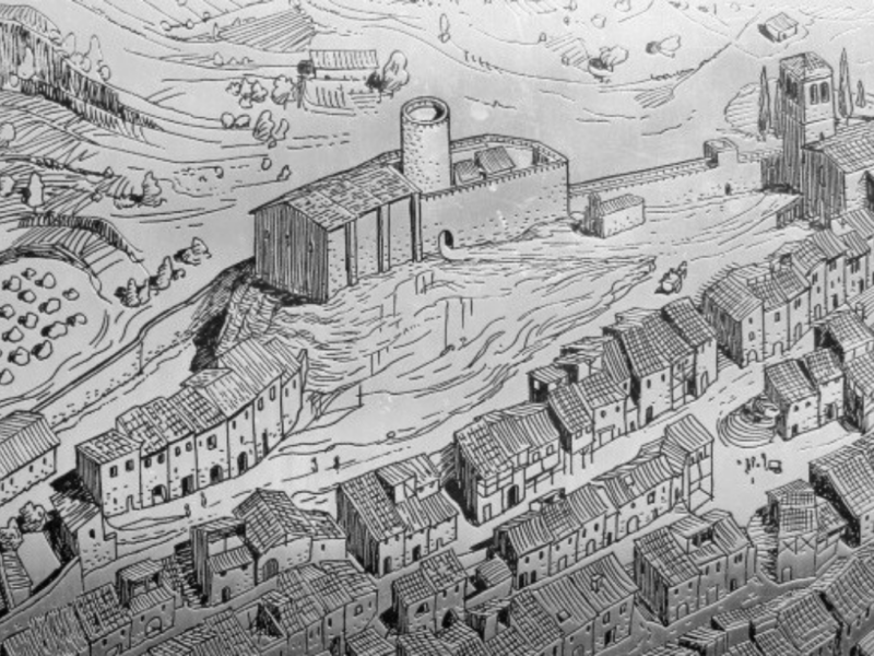 Castell de Guimerà, pencil drawing of the village of Guimerà with the castle in the centre. 10th and 11th century.