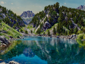 Estany Gerber,lago con aguas cristalinas parece un espejo, donde se reflejan las altas montañas que lo envuelven