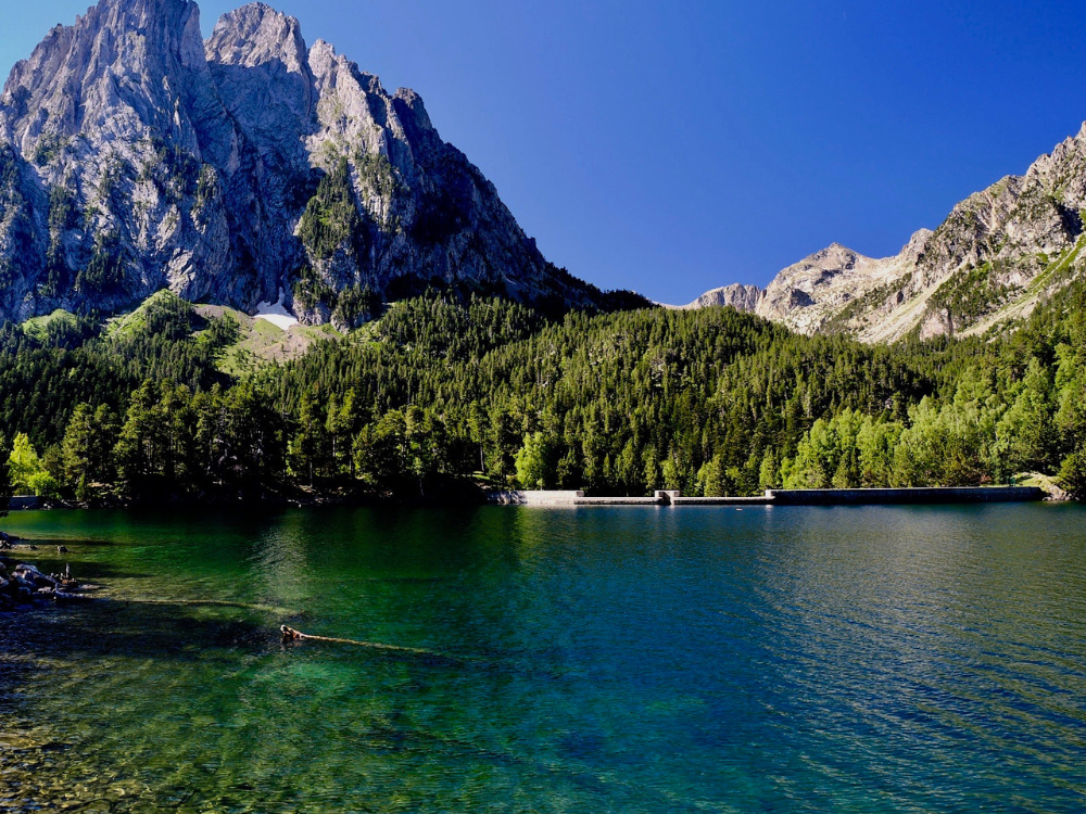 Estany de Sant Maurici, crystal-clear blue waters and a forest of fir trees in the background. Above them the peak of a great mountain.
