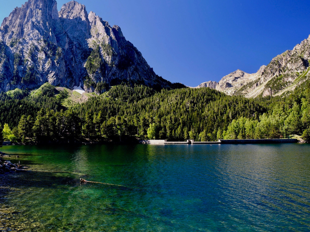 Estany de Sant Maurici, aguas azules y cristalinas al fondo bosque de abetos. Por encima de ellos el pico de una gran montaña.