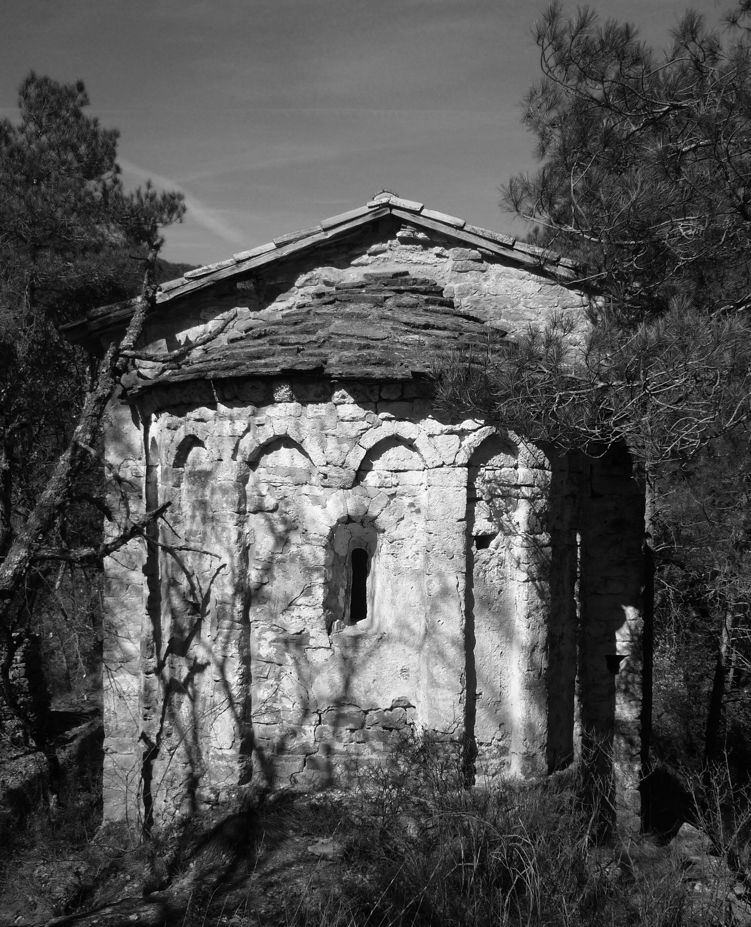 Imagen en blanco y negro de Sant Martí de Terrasola. Foto en blanco y negro apreciándose las nítidamente sombras de los árboles en el exterior del absis de la ermita