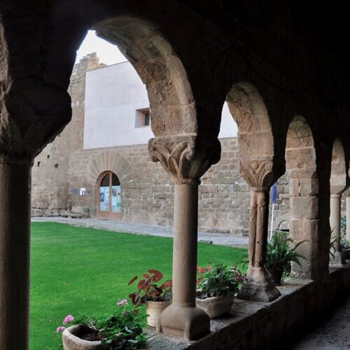 Visión de una cara(panda)del claustro de Santa Maria de Gualter, delante un jardín muy verde. se pueden contar en esta foto seis arcos.