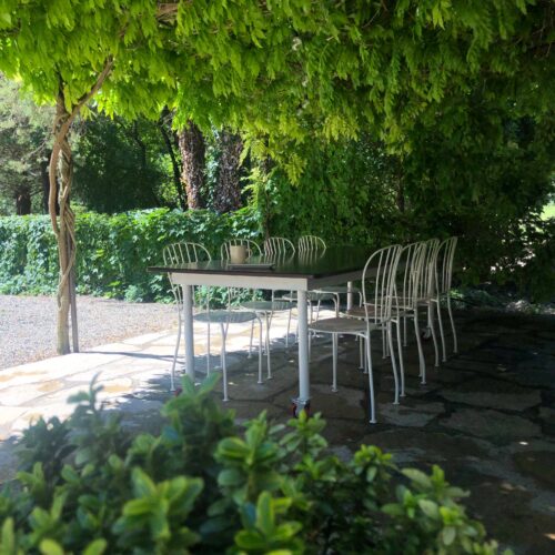 Large wooden table with white iron chairs, located under a vine making a shadow where you want to relax.