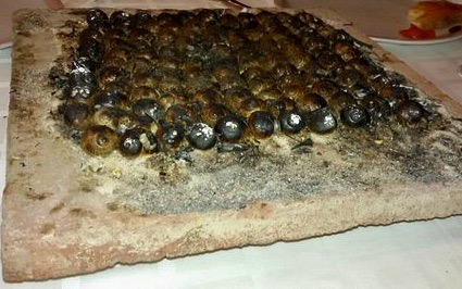Snails cooked on the embers on a stone in the restaurant Nenet